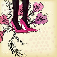 vector background with  red shoes and fantasy  flowers