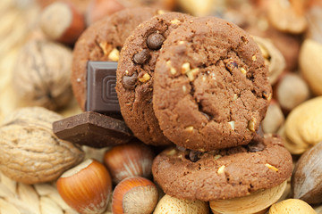 oatmeal cookies, chocolate and nuts on a wicker mat