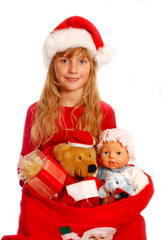 young girl with santa`s sack