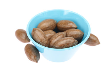 pecans in bowl isolated on white