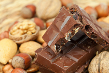 bar of chocolate and nuts on a wicker mat