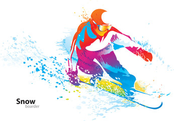 The colorful figure of a young man snowboarding with drops and s - 27441172