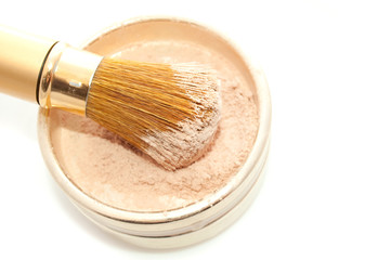Makeup Powder and Brush on White Background