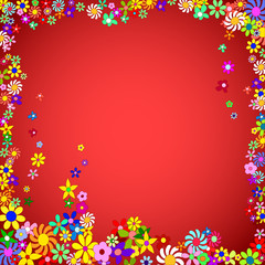 Frame of Colorful Flowers on a Red Background