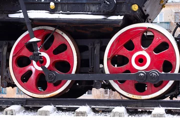 Papier Peint photo Lavable Rouge, noir, blanc Roue de locomotive