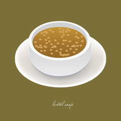 lentil soup in white bowl on the green background