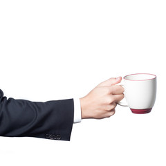 Businessman hand holding a cup of coffee on white background