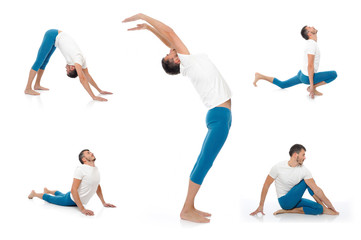 Obraz na płótnie Canvas Group of photos of handsome active man doing yoga fitness poses.