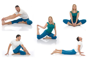 Group of photos of  active man and woman doing yoga fitness pose