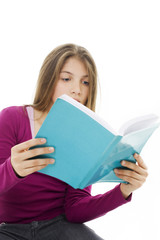 Teen woman reading book , isolated on white