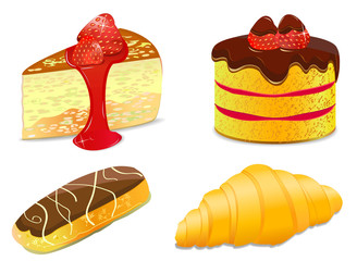 variety of cake illustration. icon set, eclair, slice,croissant