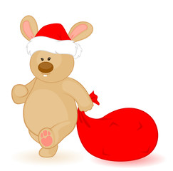 bunny in the cap of Santa Claus and sack with gifts