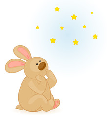 Vector cartoon little toy bunny dreams about stars