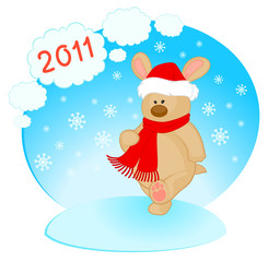 Vector cartoon little toy bunny in the suit of Santa Claus