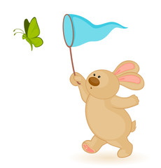 Vector cartoon little toy bunny with butterfly