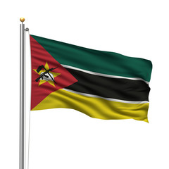 Flag of Mozambique waving in the wind in front of white