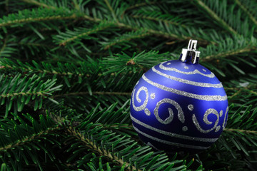 weihnachtskugel auf tannenzweig