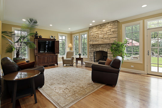 Family room with stone fireplace