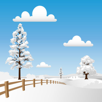 Winter Landscape with Snow and Fence