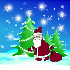 The Christmas wood and Santa with a bag of gifts