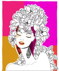 Crédence de cuisine en verre imprimé Femme fleurs Affiche pop-art dessinée à la main d& 39 un mannequin, 2