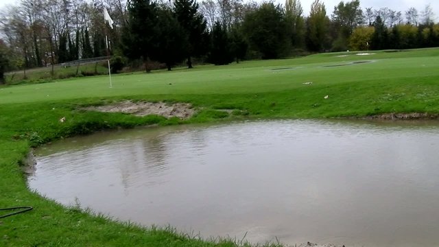 Sc&egrave;ne de pluie qui tombe sur un &eacute;tang