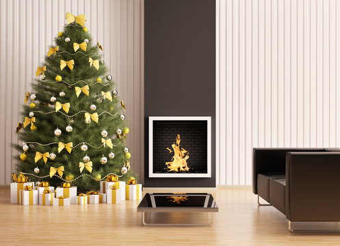 Weihnachtsbaum im Zimmer mit Kamin interior 3d