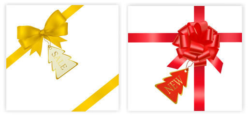 Vector. Two gift red ribbon and bow with card.