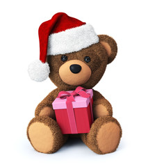 Teddy bear with santa hat and present box