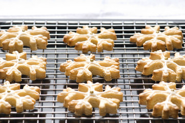 Decorated christmas cookies on the backing tray
