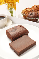 Chocolate brownies in a breakfast setting