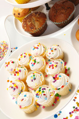 Snow white sprinkled fresh cupcakes