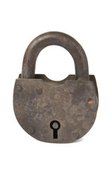 Old rusty padlock isolated on white background