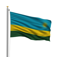 Flag of Rwanda waving in the wind in front of white background