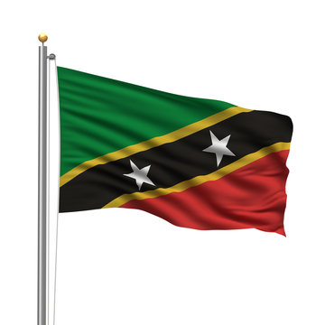 Flag of Saint Kitts and Nevis waving in the wind over white