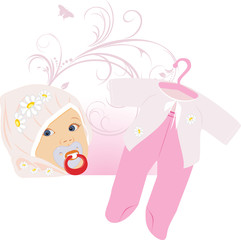 Pink suit for a baby girl. Vector