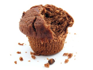 Chocolate chip muffin - bite missing & crumbs