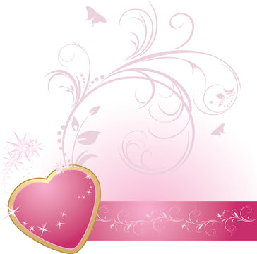 Pink heart with ornament on the decorative ribbon. Vector