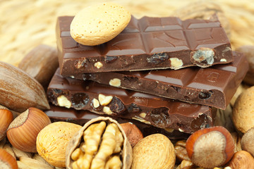 bar of chocolate and nuts on a wicker mat