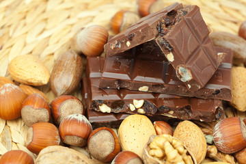 bar of chocolate and nuts on a wicker mat