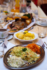 Different appetizing food from table at the wedding reception