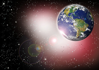 Planet earth with sunrise in space .