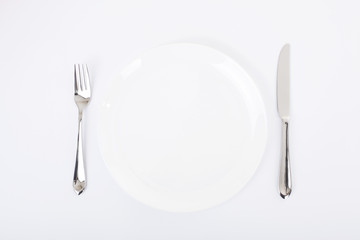 Dinner plate, knife and fork.
