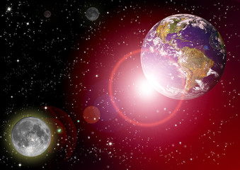 Planet Earth and Moon in the deep space .