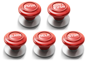 Five red alert buttons with different messages, web icons