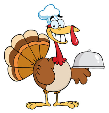 Happy Turkey Chef Serving A Platter