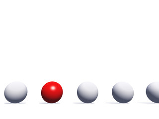 Conceptual crowd of spheres with one red glass sphere