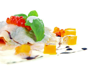 lasagna with salmon, caviar and pumpkin