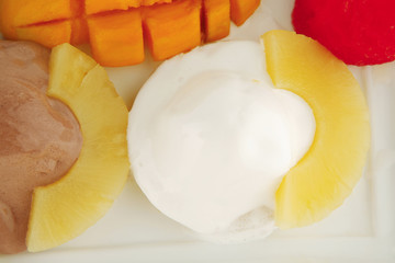 tropical fruits and ice cream