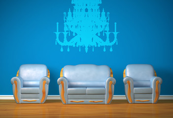 chairs with couch and silhouette of chandelier in  interior